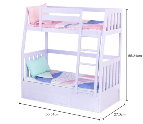 Our Generation lilac toy bunk bed set for 18-inch girl dolls, designed for imaginative play for kids ages 3 and up.