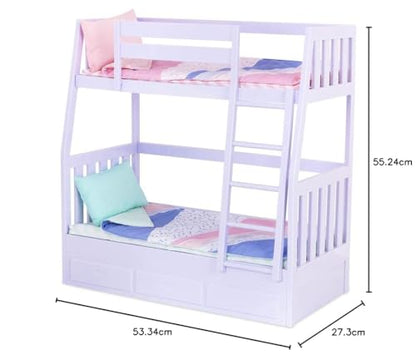 Our Generation lilac toy bunk bed set for 18-inch girl dolls, designed for imaginative play for kids ages 3 and up.