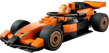 LEGO City F1 driver minifigure with McLaren race car building toy, perfect for young motorsport fans and collectors.