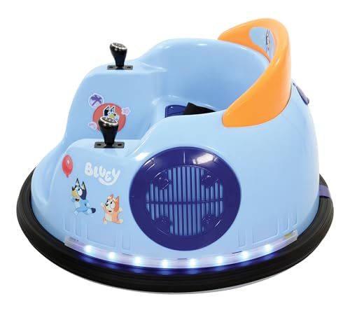 Bluey kids bumper car featuring LED lights, 360° spin, and sound effects, designed for toddlers up to 30kg with safety features.