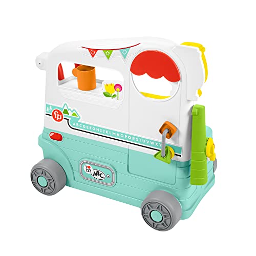 Fisher-Price Laugh & Learn 3-in-1 On-The-Go Camper for infants, colorful musical push-along walker and activity center.