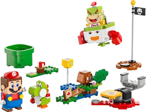 LEGO Super Mario Adventures set featuring interactive Mario, Bowser Jr.’s Clown Car, Yoshi toy, for kids aged 6 and up.