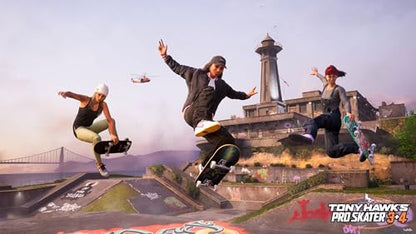 Gameplay screenshot from Tony Hawk's Pro Skater 3+4 on PlayStation 5 showing a skateboarder performing tricks in a skate park.