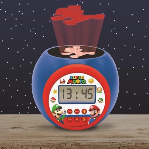 LEXIBOOK Nintendo Super Mario projector alarm clock with night light, LCD screen, snooze function, and battery operation.
