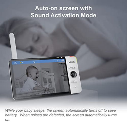 VTech VM919HD baby monitor with camera showing 360° pan and tilt, 7-inch HD display, night vision, and wide-angle view