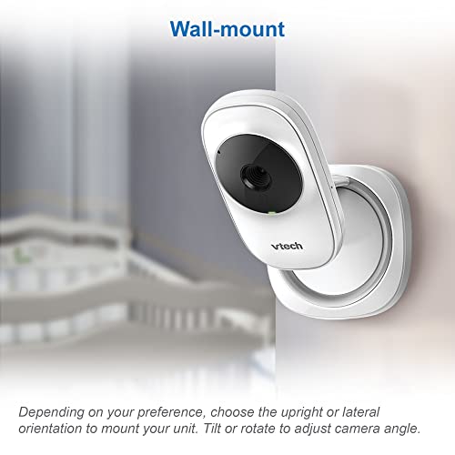 VTech LM808-1W baby monitor with camera, 5-inch screen, night vision, two-way audio, and temperature sensor in a home setting.