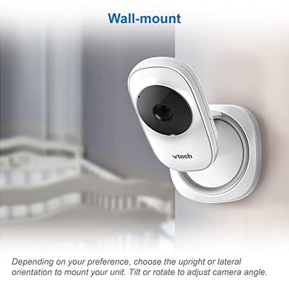 VTech LM808-1W baby monitor with camera, 5-inch screen, night vision, two-way audio, and temperature sensor in a home setting.