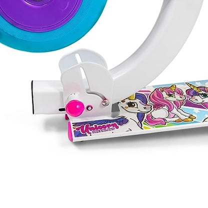 OZBOZZ Unicorn My First Scooter in white with pink and blue wheels, designed for young children.