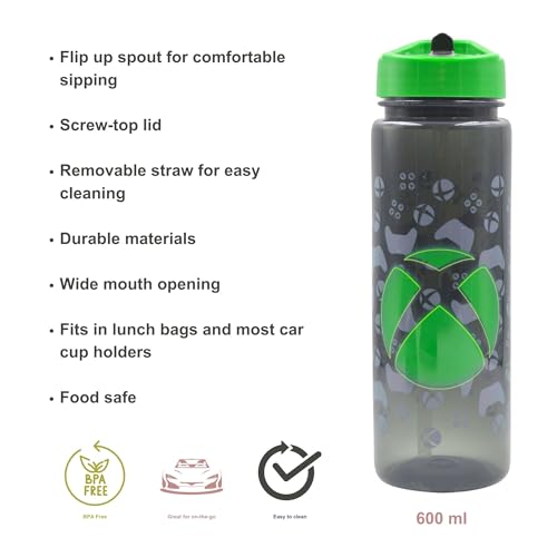 Green Hox Xbox 600ml leak-proof water bottle with straw, flip spout, carry loop, BPA-free, dishwasher safe, gaming-themed design.