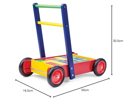 Tidlo Baby Walker with ABC blocks, wooden activity walker for toddlers with colorful alphabet blocks and sturdy handle.