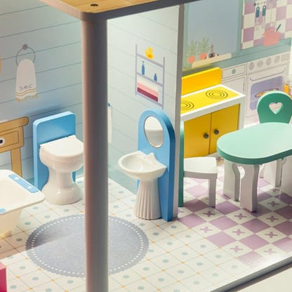 Mamabrum Wooden Dolls House XXL with Terrace Garden, LED Lights, Furniture & Accessories Included, 3-Storey Houses & Wooden Sweet Playhouse with Painted Roof & Walls for Little Girls, Rose/Light Blue