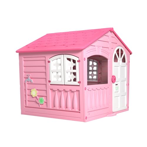Pink and white Palplay plastic playhouse for kids, featuring a house design, UV resistant, suitable for indoor and outdoor fun.