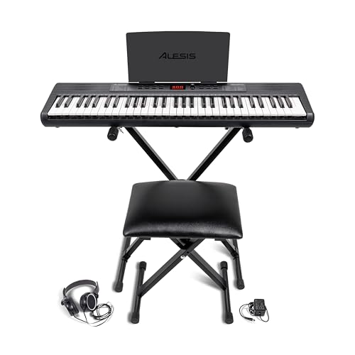 Alesis Melody 61 keyboard piano with 61 keys, built-in speakers, stand, bench, headphones, and tablet/music stand for beginners.