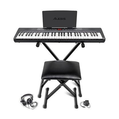 Alesis Melody 61 keyboard piano with 61 keys, built-in speakers, stand, bench, headphones, and tablet/music stand for beginners.