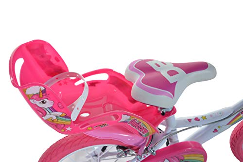 Dino Bikes 16-inch girls' unicorn kids bike in white and pink with doll seat, basket, and stabilizers, suitable for young children.