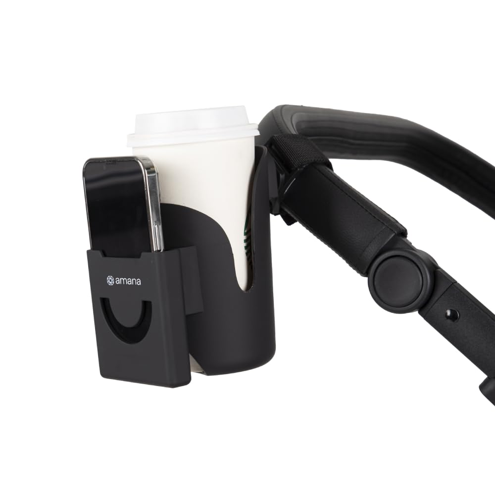 Kiddies Kingdom Amana 2-in-1 stroller cup and mobile holder with 360° adjustable ball joint for universal prams and pushchairs.