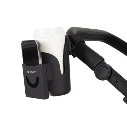 Kiddies Kingdom Amana 2-in-1 stroller cup and mobile holder with 360° adjustable ball joint for universal prams and pushchairs.