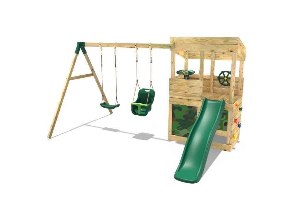 Rebo® Wooden Lookout Tower Playhouse with 6ft Slide with Swings - Zion | OutdoorToys | Pressure Treated Timber, Baby Swing, Secret Den, Climbing Wall, either Binoculars or Telescope & Steering Wheel