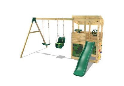 Rebo® Wooden Lookout Tower Playhouse with 6ft Slide with Swings - Zion | OutdoorToys | Pressure Treated Timber, Baby Swing, Secret Den, Climbing Wall, either Binoculars or Telescope & Steering Wheel