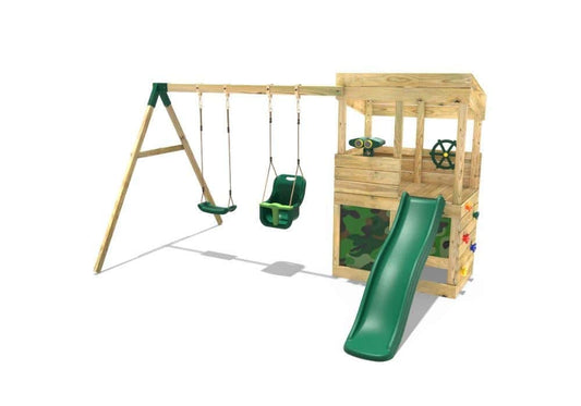 Rebo® Wooden Lookout Tower Playhouse with 6ft Slide with Swings - Zion | OutdoorToys | Pressure Treated Timber, Baby Swing, Secret Den, Climbing Wall, either Binoculars or Telescope & Steering Wheel