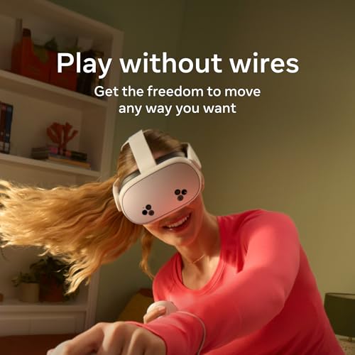 Meta Quest 3S 256GB virtual reality headset with sleek design, showing the all-in-one VR device and immersive experience visuals.