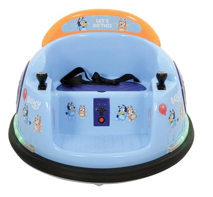 Bluey Kids Bumper Car with LED lights, sounds, 360° spin, and anti-collision strips, suitable for toddlers ages 3+ and up to 30kg.