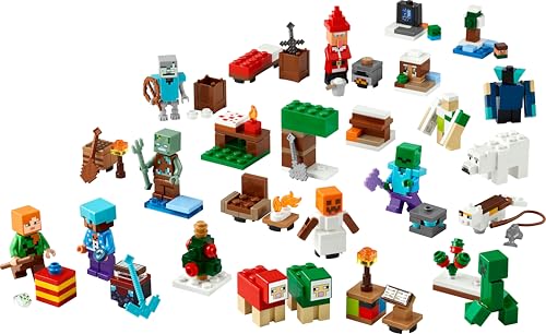 LEGO Minecraft Advent Calendar 2025 with 24 surprises, including minifigures and mini builds for kids aged 7 and up.