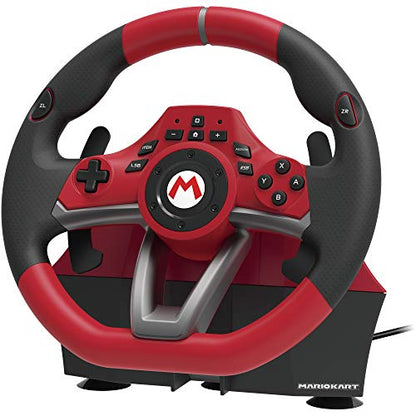 Hori Mario Kart Racing Wheel Pro Deluxe for Nintendo Switch, black racing wheel with game controller buttons and ergonomic design.