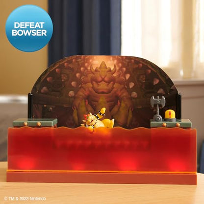 Super Mario Deluxe Bowser Battle Playset with lights, sounds, and 2.5-inch Bowser action figure for Super Mario fans aged 3+.