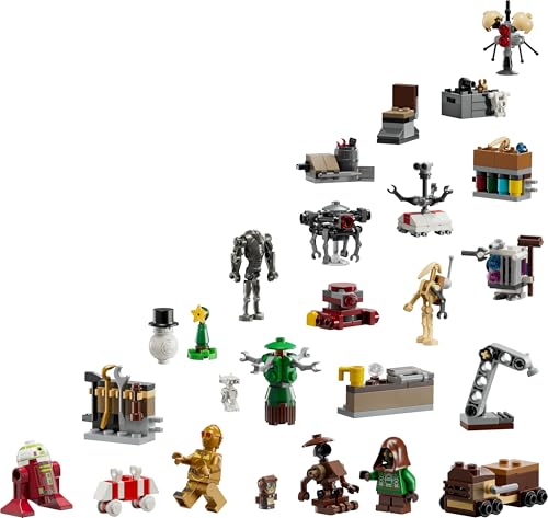 LEGO Star Wars Advent Calendar 2025 featuring 24 surprises, 2 minifigures, and 5 droids for boys aged 6 and up.