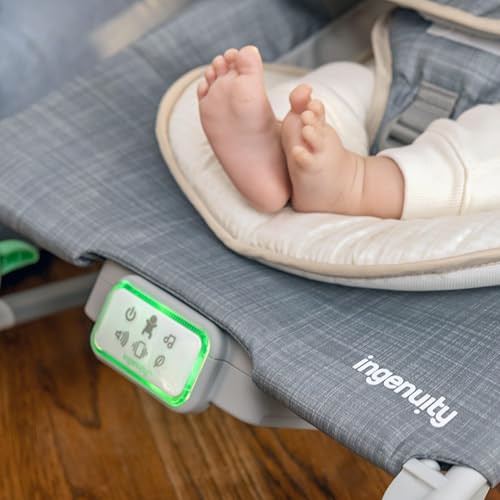 Ingenuity Happy Belly Rock-to-Bounce Seat, Music, Vibration, Detachable Toy Bar, Plush Sloth Toy, for Ages 0-6 Months, Grey - Parker