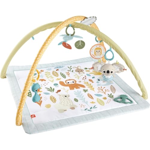 Fisher-Price Baby Playmat Simply Senses newborn gym with colorful sensory toys, mobile, and soft padded surface for infants 0+ months.