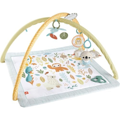 Fisher-Price Baby Playmat Simply Senses newborn gym with colorful sensory toys, mobile, and soft padded surface for infants 0+ months.