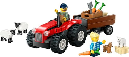 LEGO City red farm tractor with trailer, sheep figures, and playset for early learning fun for kids aged 4 and up.