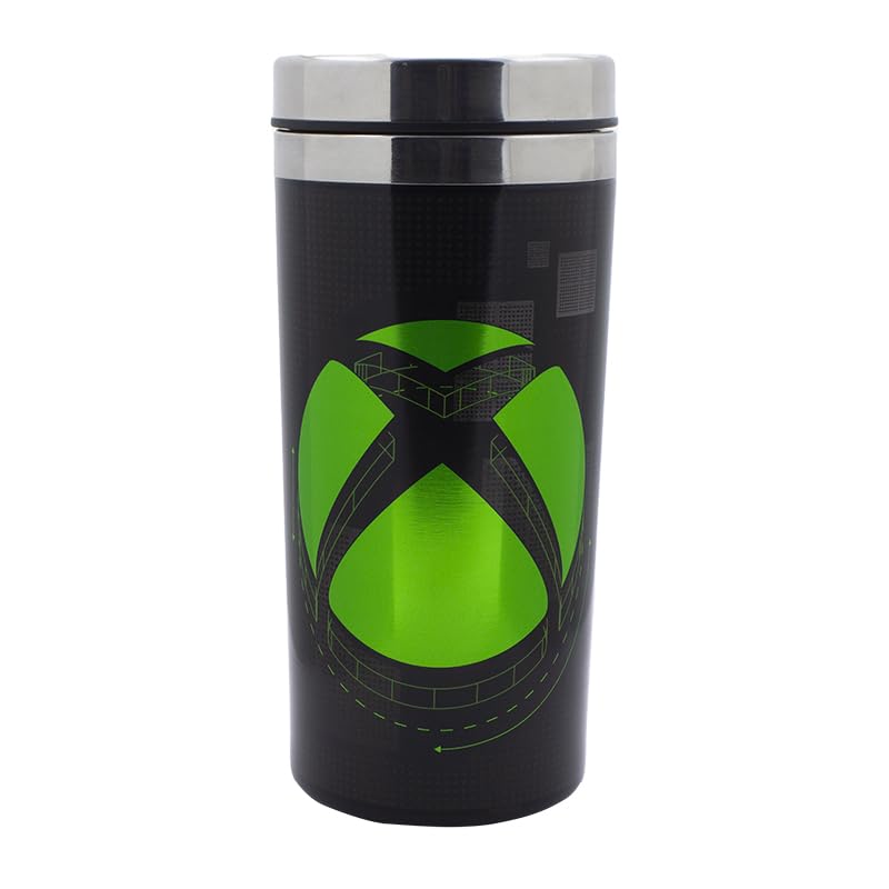 Paladone Xbox travel mug with Xbox logo, 450ml drinks flask, keeps beverages hot or cold, ideal for gamers and commuters.
