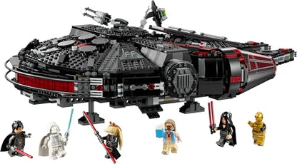 LEGO Star Wars 75389 The Dark Falcon building toy with spring-loaded shooters, cannons, and six minifigures including C-3PO.