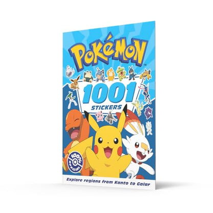 Colorful pages of Pokémon stickers from the Farshore book "1001 Stickers" featuring various Pokémon characters and designs.
