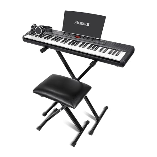 Alesis Melody 61 keyboard piano with 61 keys, speakers, stand, bench, headphones, tablet stand, and colorful controls for beginners.