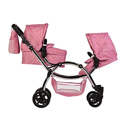 Roma Darcie Twin Dolls Pram in Pink with Adjustable Handle,Dolls Pushchair, Lightweight Dolls Double Buggy, Twin Pram for 3-16 Years, Fits 18 Inch Dolls, Ideal For Christmas, Birthdays and Reborns
