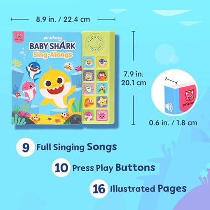 Pinkfong Baby Shark sing-along sound book with pink cover, featuring colorful buttons and playful illustrations for toddlers' interactive learning.