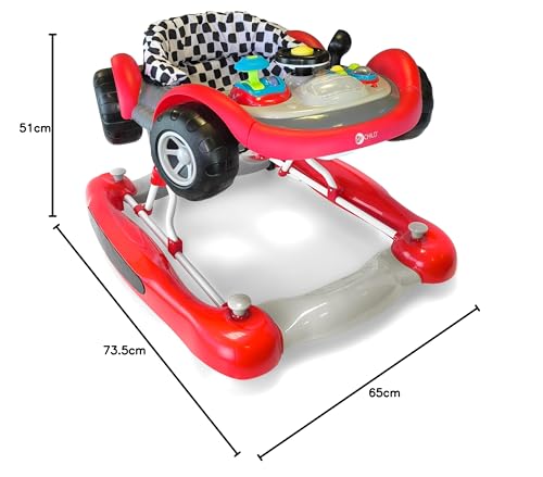 MyChild Red Coupe Baby Walker with activity center, adjustable height, anti-fall blocks, compact fold frame for easy storage, suitable for 6+ months
