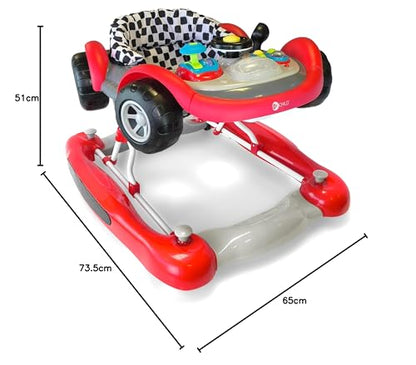 MyChild Red Coupe Baby Walker with activity center, adjustable height, anti-fall blocks, compact fold frame for easy storage, suitable for 6+ months