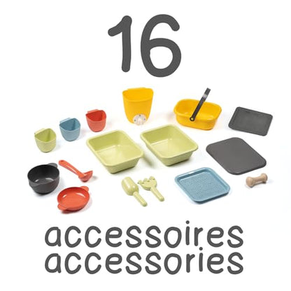 Smoby Life Mud Cooking House toy with colorful plastic kitchen set and play mud area for children to enjoy imaginative cooking play.
