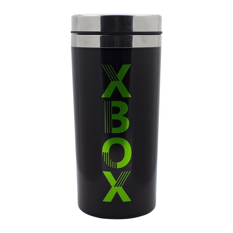 Paladone Xbox travel mug with Xbox logo, 450ml capacity, stainless steel drinks flask, keeps beverages hot or cold for gamers.