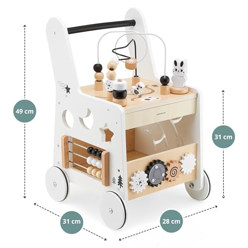 Mamabrum wooden baby walker with wheels, featuring shape sorter, bead mazes, gears, abacus, stacking blocks, for 12+ months.