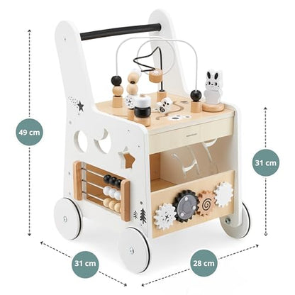 Mamabrum wooden baby walker with wheels, featuring shape sorter, bead mazes, gears, abacus, stacking blocks, for 12+ months.