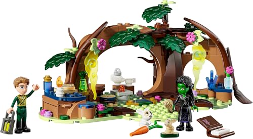 LEGO Wicked Elphaba's Retreat set featuring 2 mini dolls, 2 animal figures, and accessories in a forest scene.