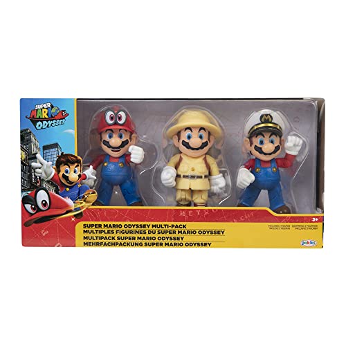 Nintendo Super Mario Odyssey multi-pack featuring colorful plush toys of Super Mario, Luigi, and Princess Peach from the Super Mario series.