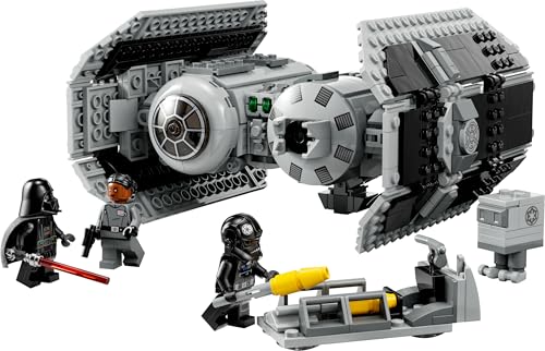 LEGO Star Wars 75347 TIE Bomber model with Gonk Droid and Darth Vader minifigure holding a lightsaber.