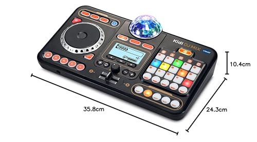 VTech Kidi DJ Mix toy DJ mixer for kids, black with lights, buttons, and controls, featuring 15 tracks and various music styles.
